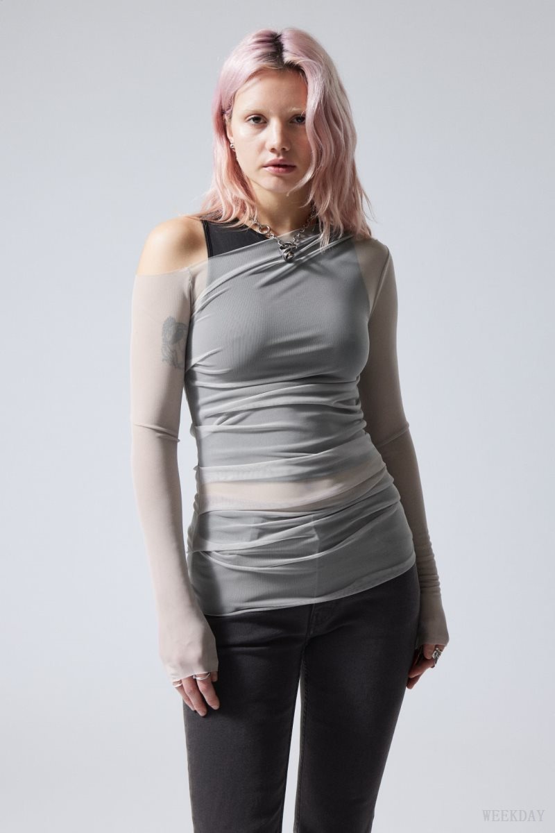 Weekday Transparent Drape Asymmetric Long Sleeve Light Grey | OGFC8710