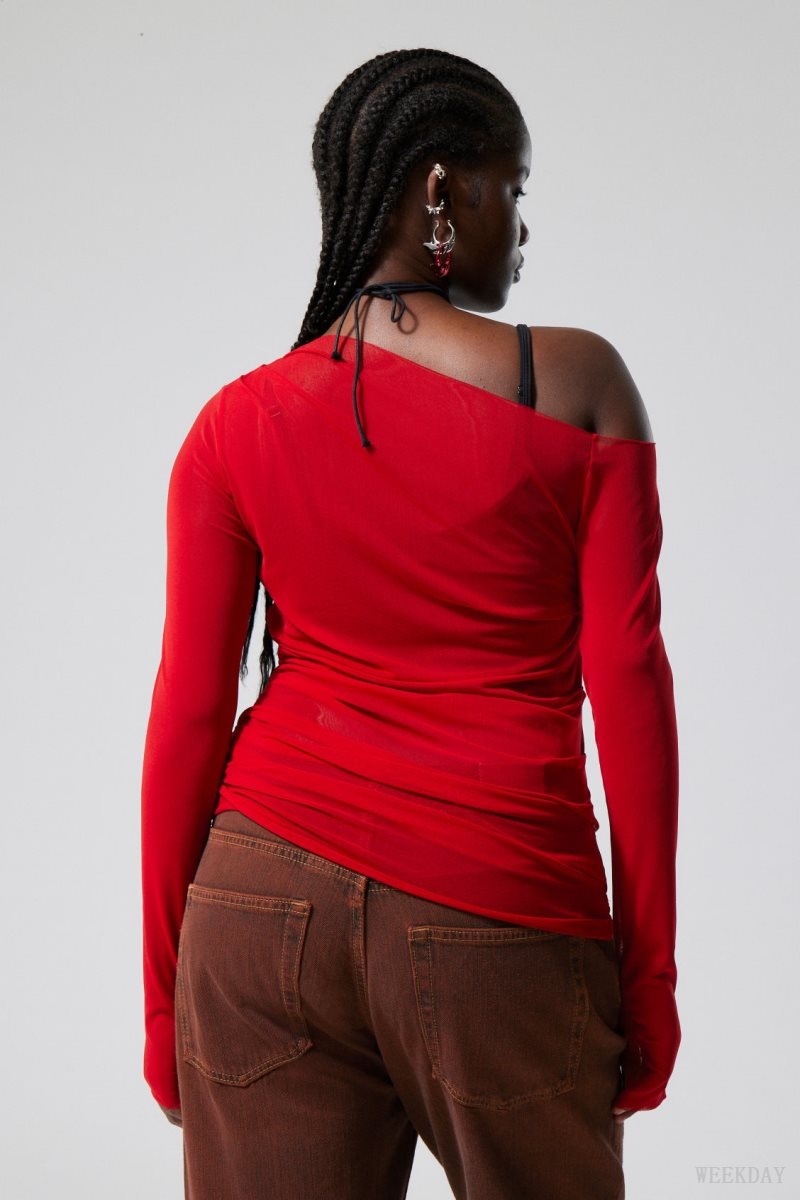 Weekday Transparent Drape Asymmetric Long Sleeve Red | SQNZ2975