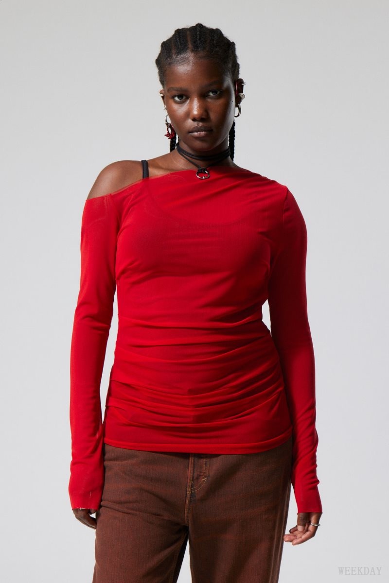 Weekday Transparent Drape Asymmetric Long Sleeve Red | SQNZ2975