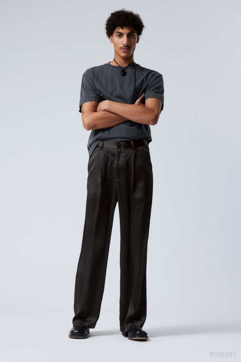 Weekday Uno Loose Shiny Trousers Black | SUEU8739