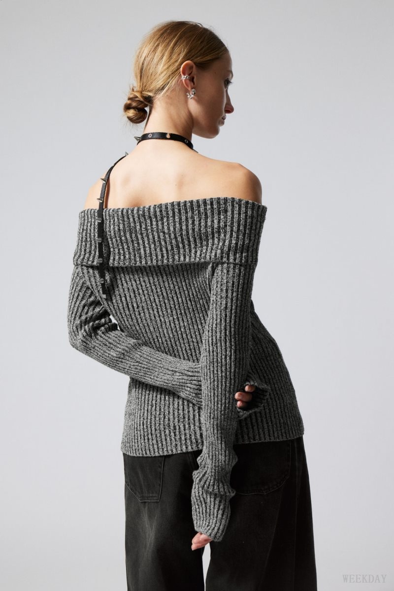 Weekday Vanna Off Shoulder Zip Cardigan Grey | SXWO3016