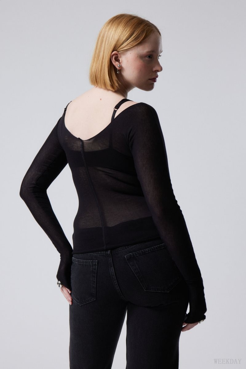 Weekday Yen Sheer Longsleeve Top Black | AYWF8631